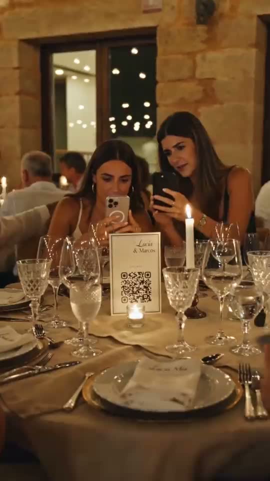 Invitadas escaneando con el móvil la tarjeta QR de la mesa